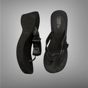 Personal identity black glitter bow wedge sandals